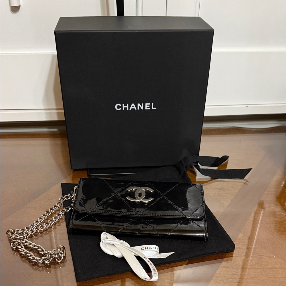 CHANEL Rare Black Patent Leather Quilted Wallet on Chain with Silver CC